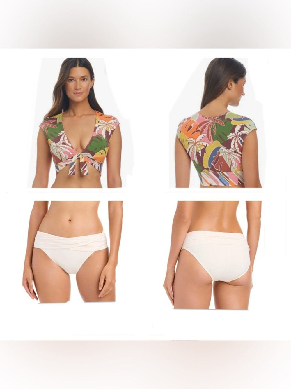 Bleu Rod Beattie Multicolor Tropical Tie-Front Swim Top & Cream Bikini Bottom